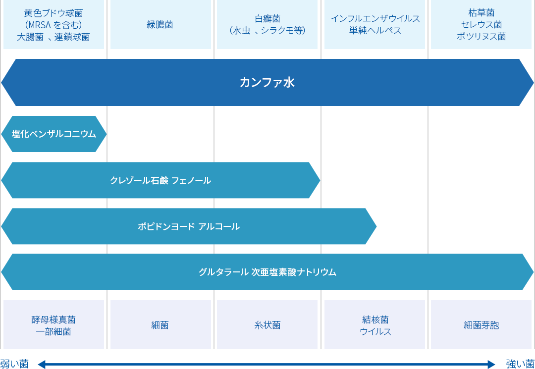 代表的消毒剤とカンファ水の殺菌スペクトルの比較